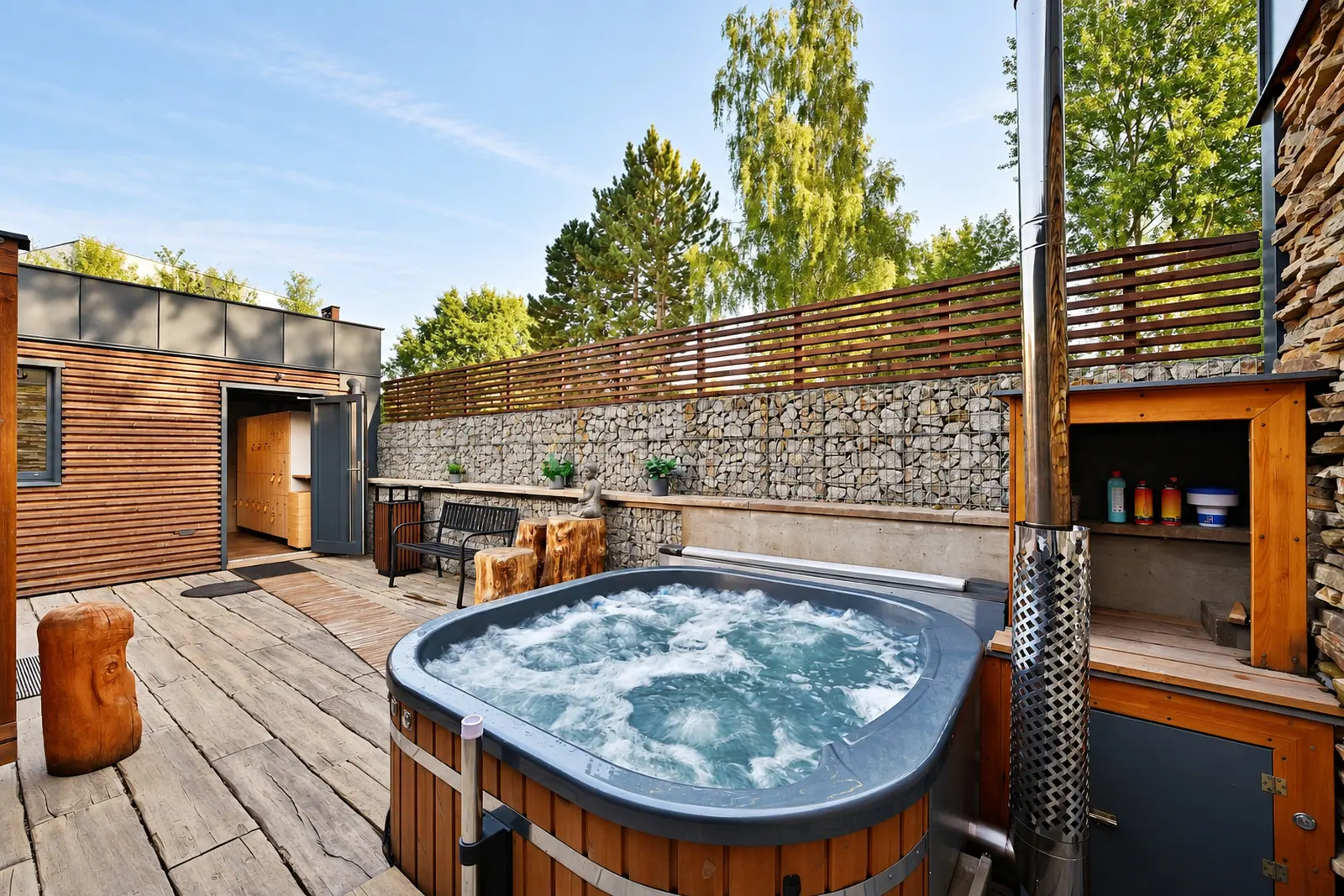 An outdoor whirlpool on a timber deck beside a stone wall