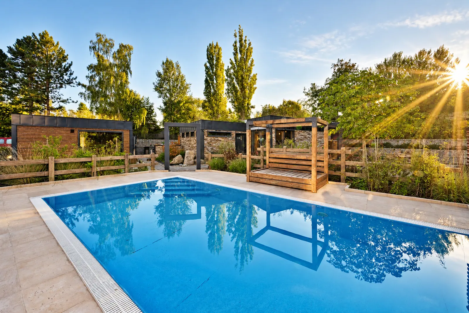 The pergola terrace above the pool