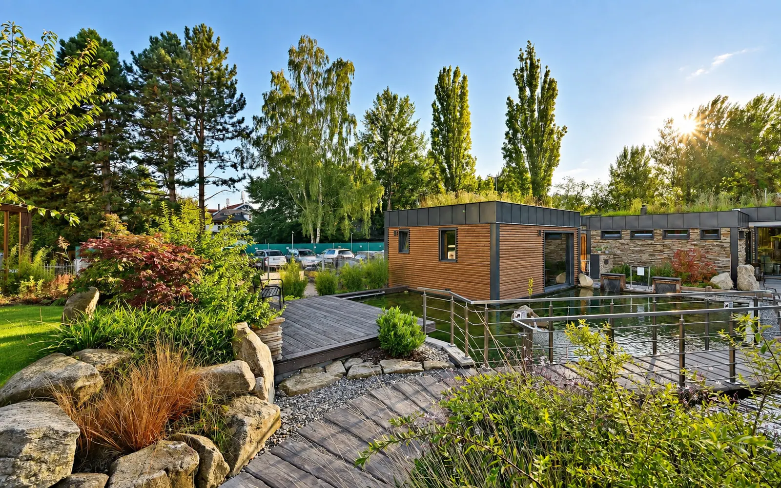 The garden, with ornamental grasses and the pond