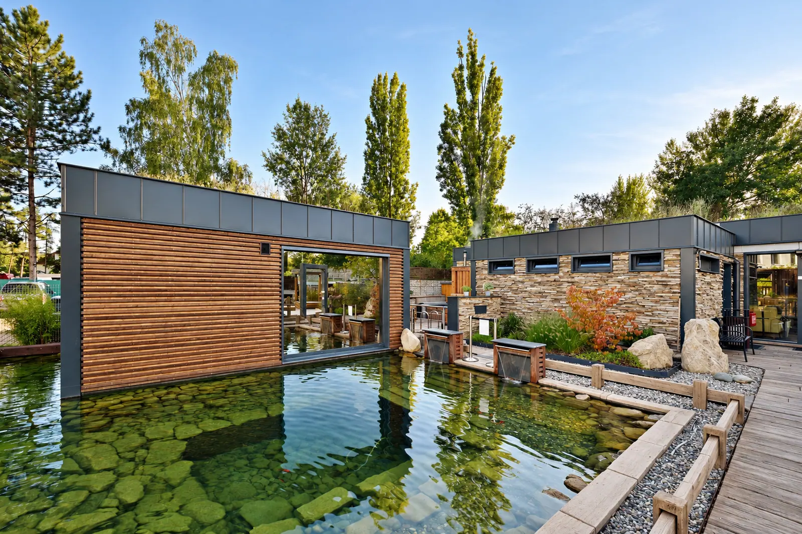 The natural pond with the wellness pavilion behind