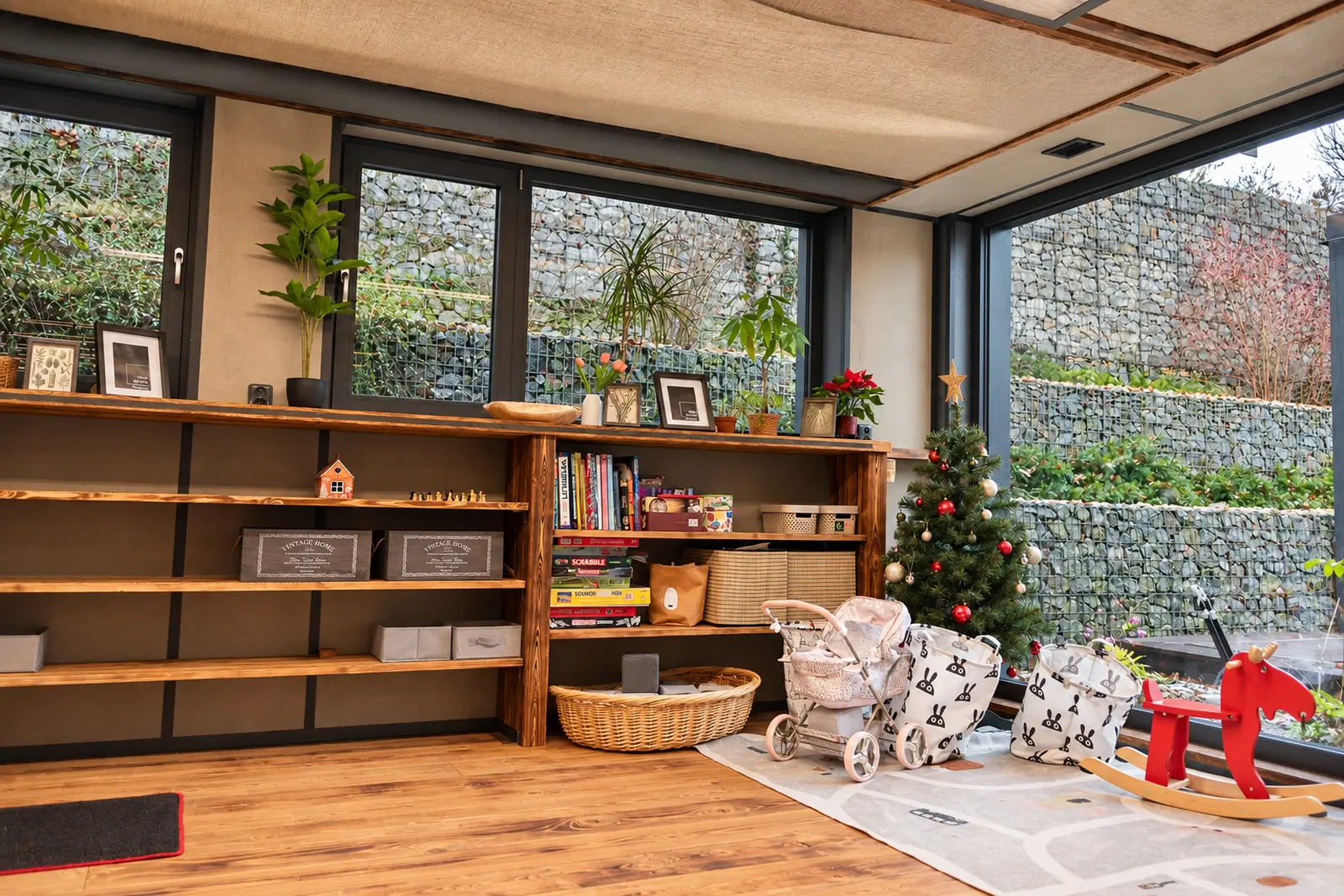 The children’s corner, with its toys and bookshelves