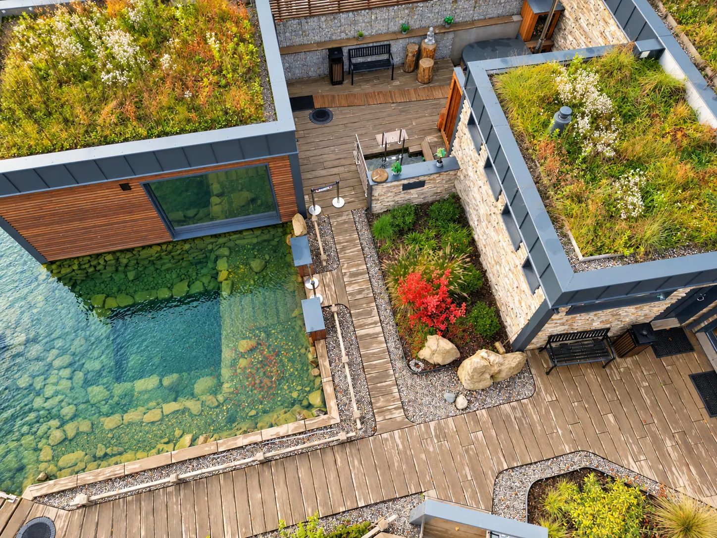 The courtyard, pond and green roofs from above