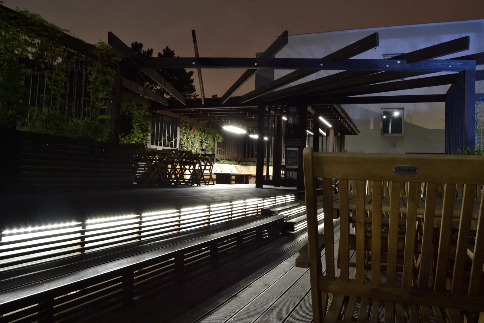 The pergola terrace at dusk
